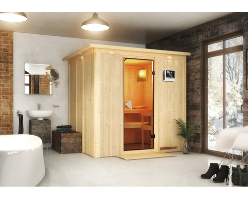 Moderne badkamerscène met houten sauna, wastafel en bad voor wellness en ontspanning