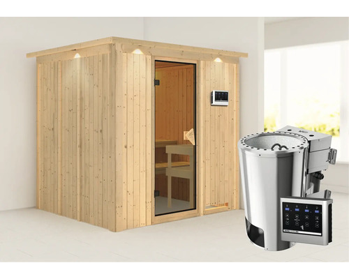 Houten sauna met saunakachel en digitaal bedieningspaneel