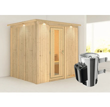 Houten sauna met glazen deur en saunakachel