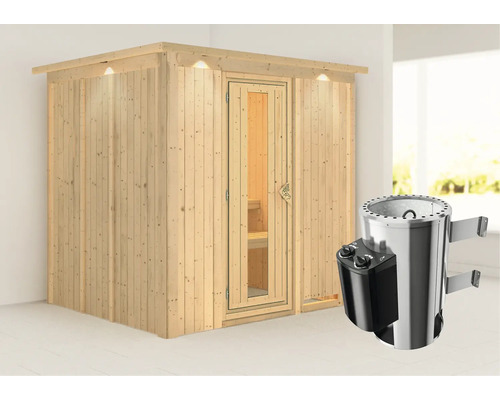Houten sauna met glazen deur en saunakachel