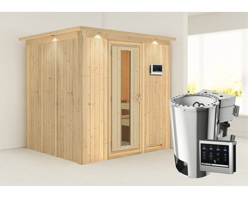 Houten sauna met kachel en digitaal bedieningspaneel