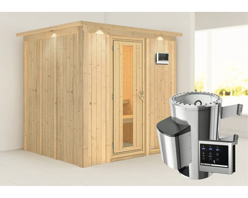 Houten sauna met kachel en bediening