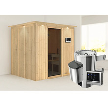 Houten sauna met glazen deur en saunakachel