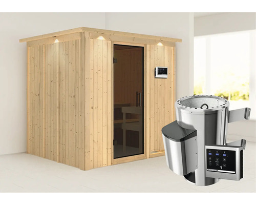 Houten sauna met glazen deur en saunakachel