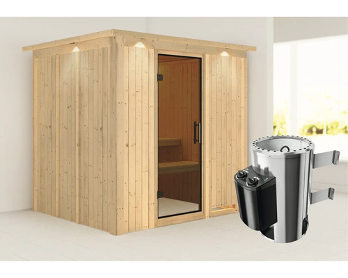Houten sauna met glazen deur en saunakachel