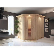 Houten hoeksauna met glazen deur in lichte badkamer