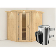 Houten sauna met glazen deur en kachel