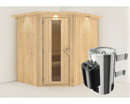 Houten sauna met glazen deur en kachel