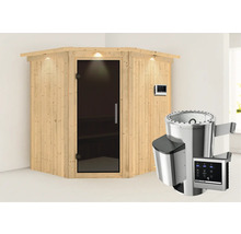 Houten sauna met glazen deur, verlichting en saunakachel