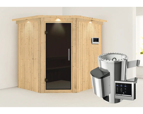 Houten sauna met glazen deur, verlichting en saunakachel