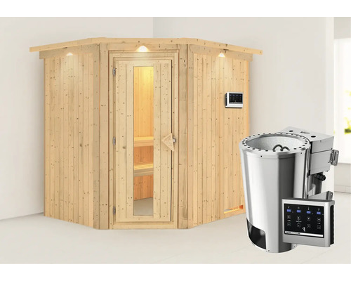 Hoeksauna van hout met saunakachel en bediening