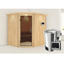 Houten hoeksauna met glazen deur en saunakachel
