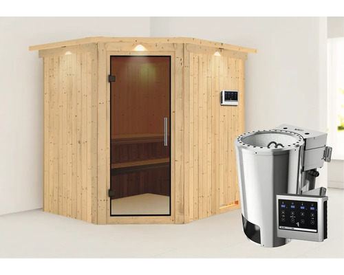 Houten hoeksauna met glazen deur en saunakachel