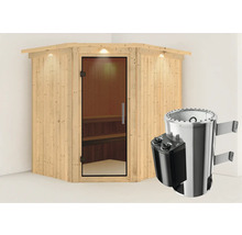 Houten sauna met glazen deur en saunakachel