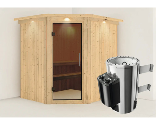 Houten sauna met glazen deur en saunakachel