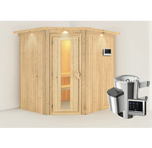 Houten sauna met glazen deur, verlichting, bedieningspaneel en saunakachel
