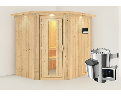 Houten sauna met glazen deur, verlichting, bedieningspaneel en saunakachel