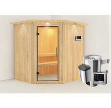 Houten sauna met glazen deur, kachel en bediening