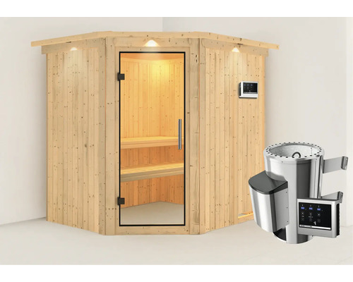 Houten sauna met glazen deur, kachel en bediening