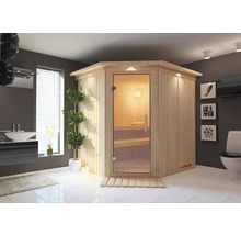 Houten hoeksauna met glazen deur in een badkamer.
