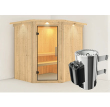 Houten sauna met glazen deur en saunakachel