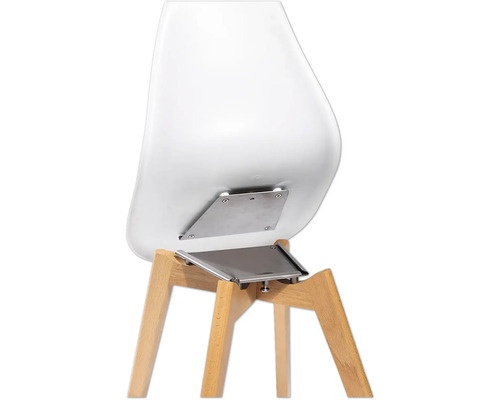 Detail van een stoel met houten poten en zitting bevestiging