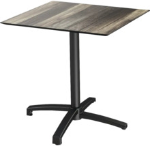 Vierkante tafel met houten blad en zwarte metalen voet