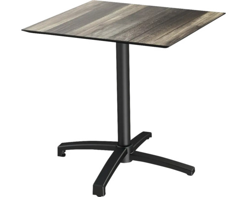 Vierkante tafel met houten blad en zwarte metalen voet