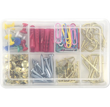 Assortimentsdoos met punaises, pluggen, paperclips, haken en schroeven