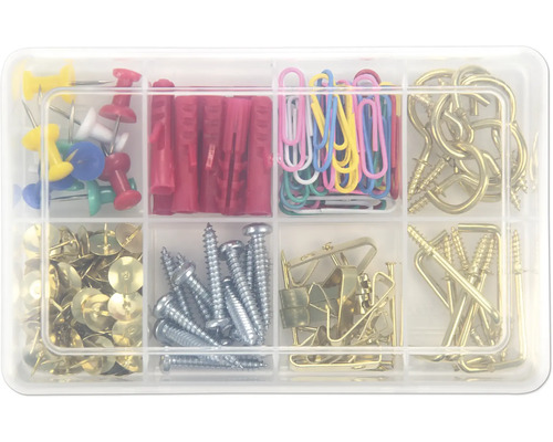 Assortimentsdoos met punaises, pluggen, paperclips, haken en schroeven