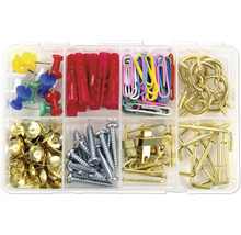 Assortimentsdoos met punaises, pluggen, paperclips, fotolijsthaken, spijkers en schroeven