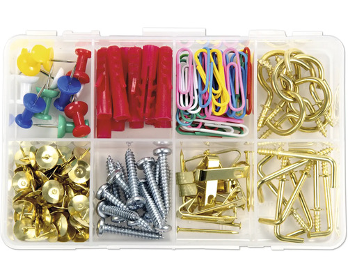 Assortimentsdoos met punaises, pluggen, paperclips, fotolijsthaken, spijkers en schroeven