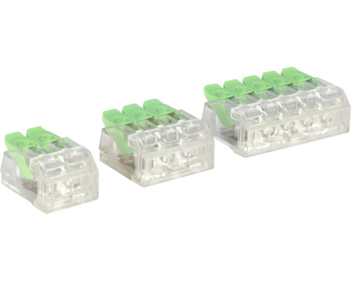 Drie transparante kabelverbinders met hendelklemmen voor elektrische verbinding