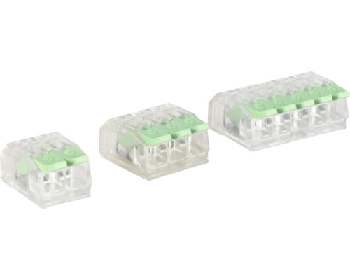 Drie push-in draadverbinders voor elektrische verbindingen