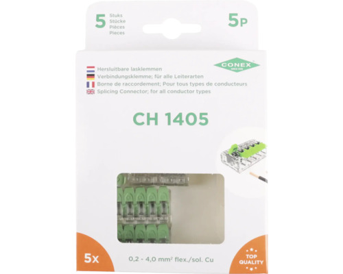 Verpakking met vijf hersluitbare lasklemmen voor alle soorten geleiders