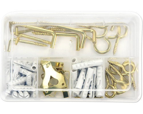 Assortimentsdoos met haken, schroefogen, fotolijsthaken en pluggen
