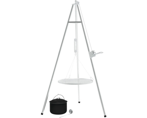 Draaibare barbecue met driepoot, grillrooster, kookpot en pollepel