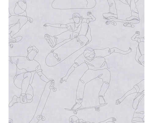 A.S. CRÉATION Vliesbehang 77174-1 Lilly & Luis skateboarder grijs Behang met skateboardmotieven als lijntekeningen