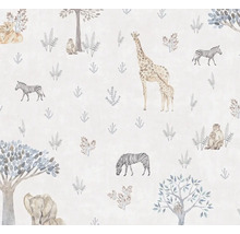 Behang met illustraties van zebra''s, giraffen, leeuwen, apen, olifanten en bomen