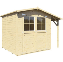 Houten tuinhuis met ramen en een afdak.