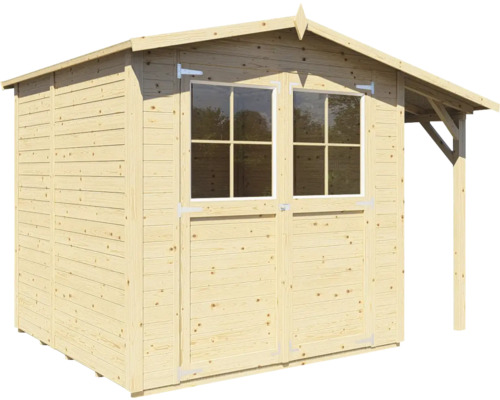 Houten tuinhuis met ramen en een afdak.