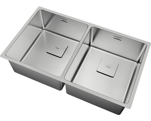 Dubbele spoelbak van roestvrij staal met vierkante korfpluggen