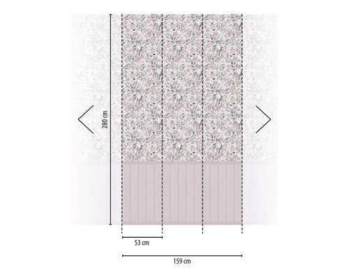 Decoratief wandpaneel met bloem- en vogelmotief, afmetingen 159 cm x 280 cm.