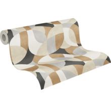 Behangrol met abstract cirkelpatroon in beige en grijs