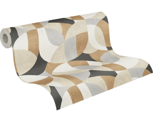 Behangrol met abstract cirkelpatroon in beige en grijs