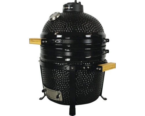 Zwarte keramische barbecue met thermometer en houten handgrepen