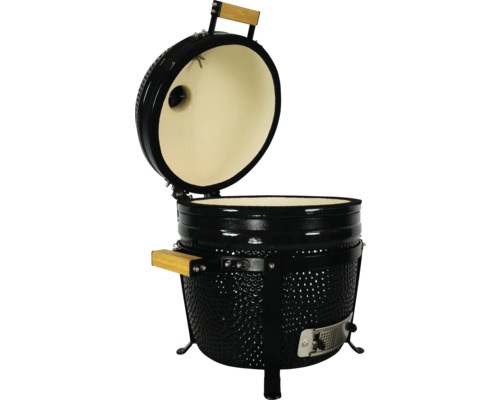 Zwarte keramische barbecue met open deksel