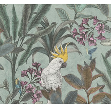 Behang met papegaai, kolibrie, bladeren en bloemen