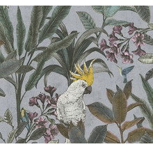 Behang met planten, vogels en een kaketoe
