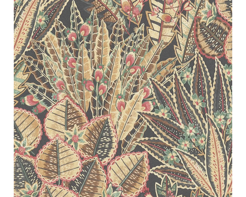 A.S. CRÉATION Vliesbehang 39653-1 Stories of Life bladeren beige/zwart Detailopname van een textielpatroon met bloem- en bladvormige motieven